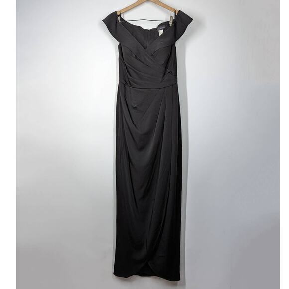 La Femme Surplice Off The Shoulder Column Gown Dress Black Satin Size 8 Preowned - Picture 2 of 8